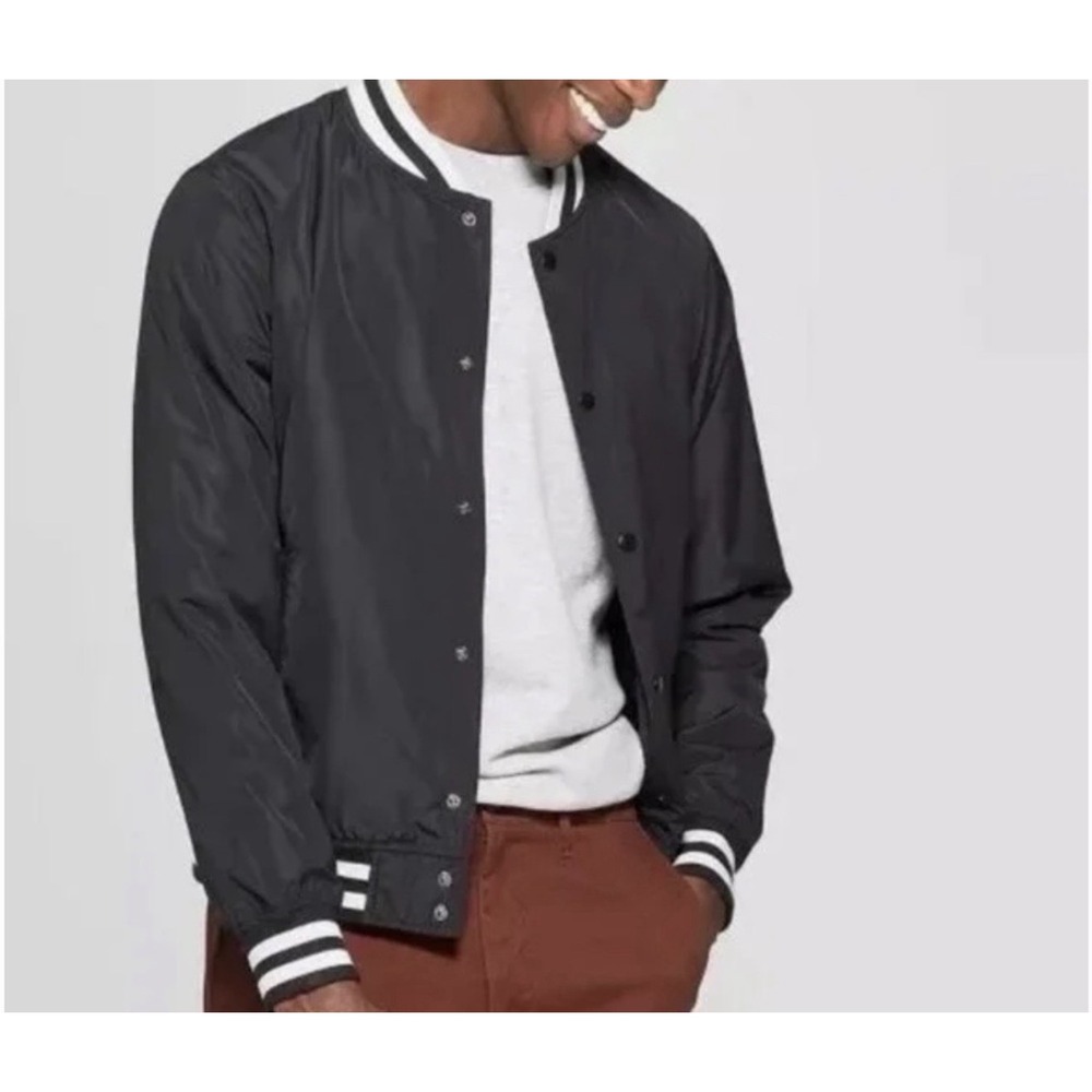 Goodfellow Co Size Large Bomber/Varsity‎ Jacket Water Resistant Black White Snap